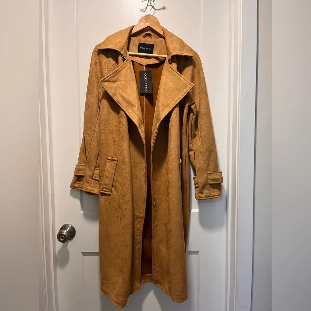 OOKIE & LALA Women's Faux Suede Trench Coat Tan Small